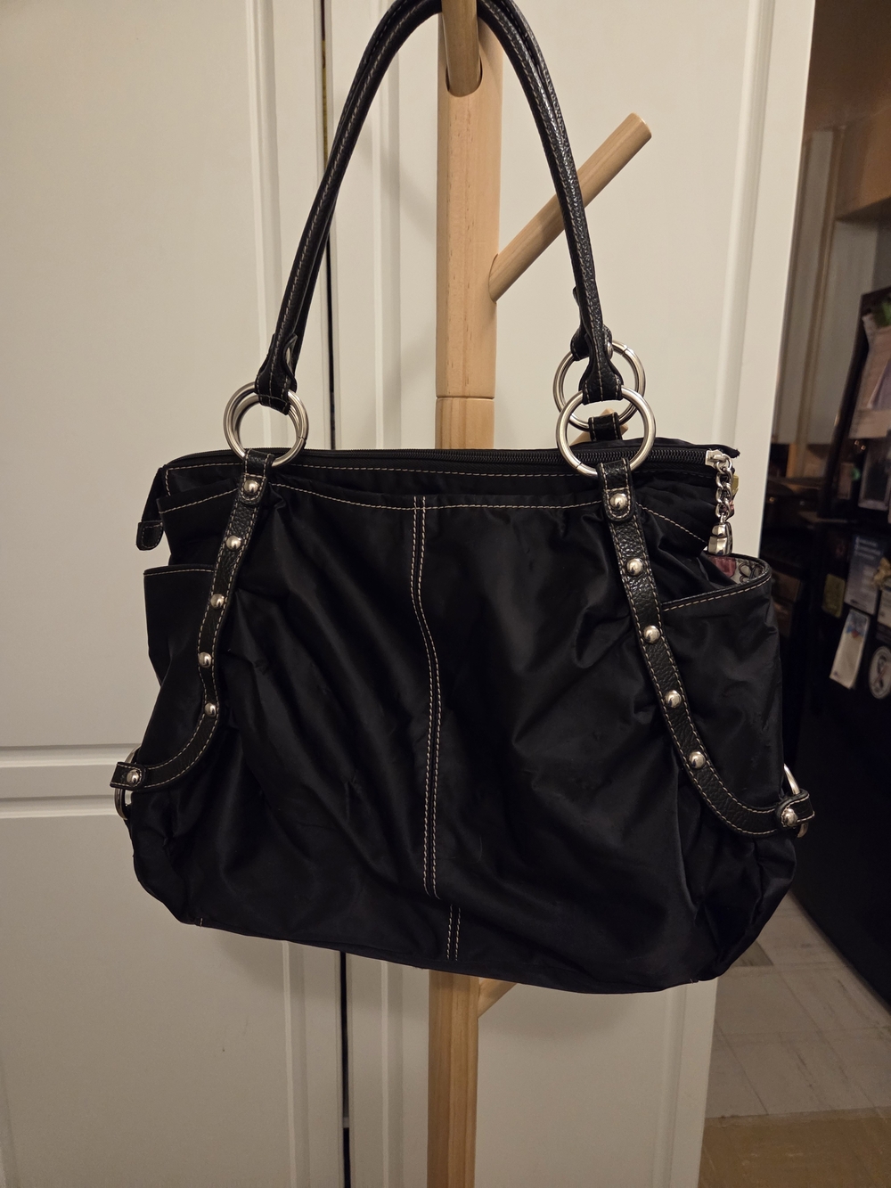 Kathy Van Zeeland Black Shoulder Tote with Silver Hardware